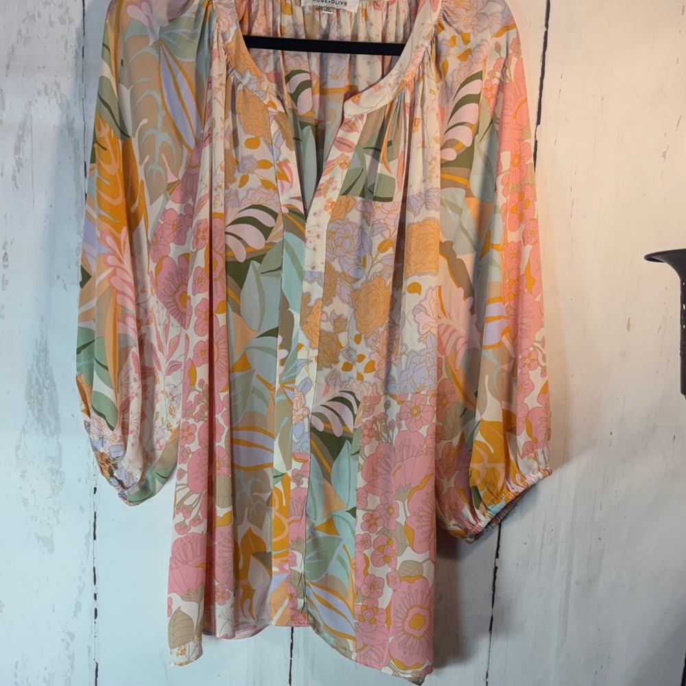 Rose & Olive Multicolor Floral Blouse, Great for Easter/Spring